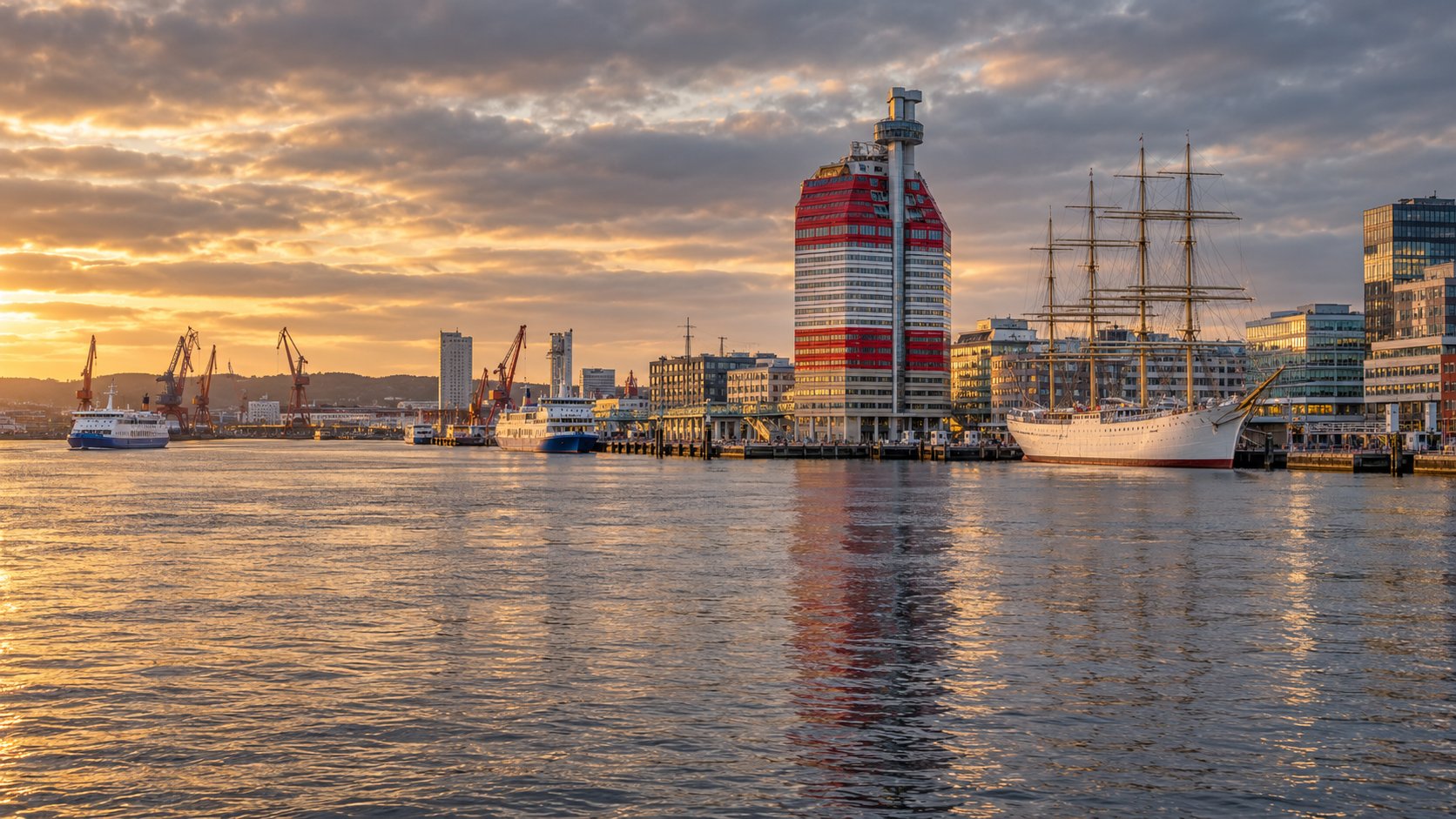 AI-genererad redaktionell stadsbild inspirerad av Göteborgs hamnmiljö; inte ett dokumentärt foto
