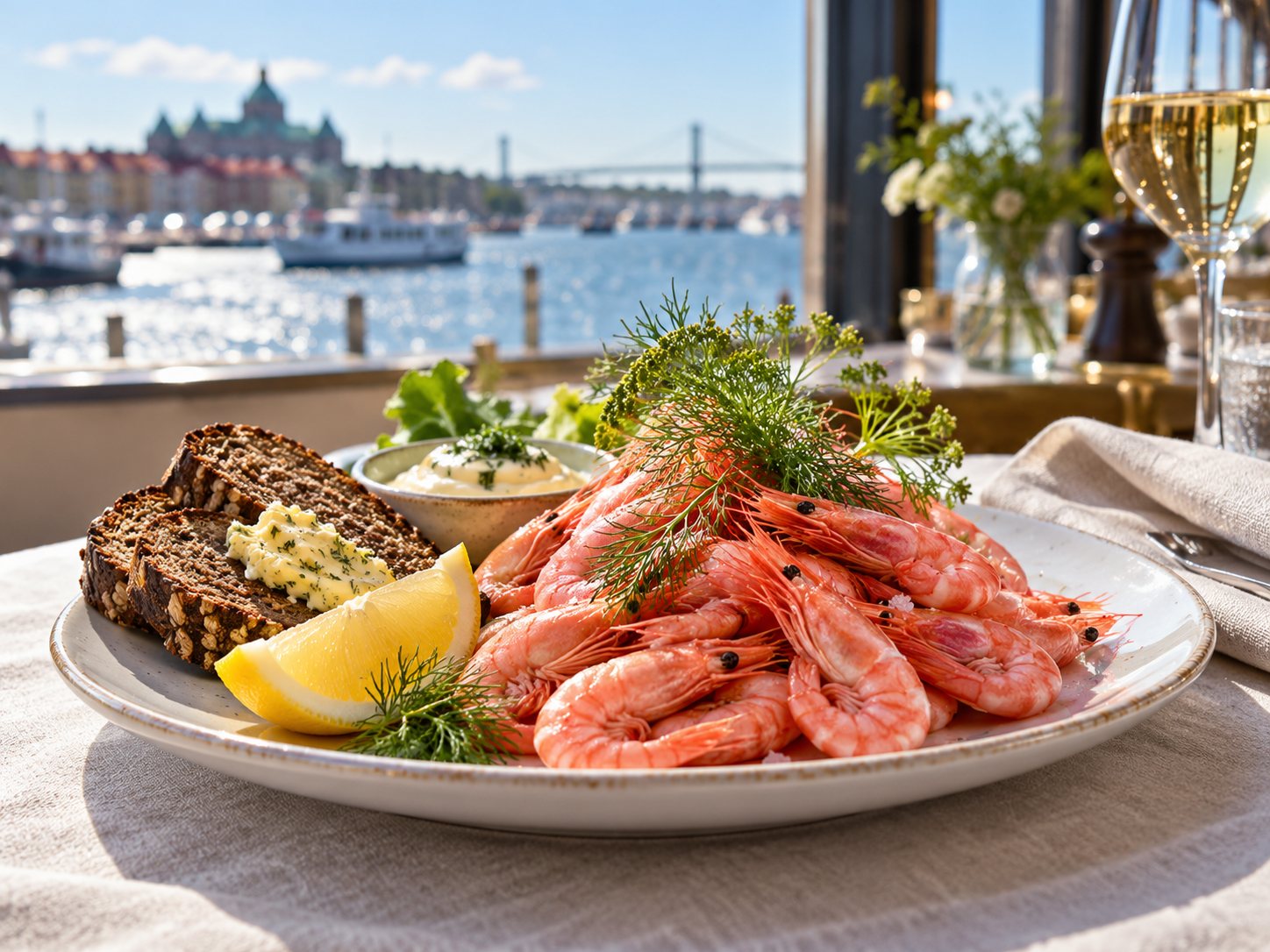AI-genererad matbild inspirerad av västkustens skaldjur; inte en restaurangs faktiska meny