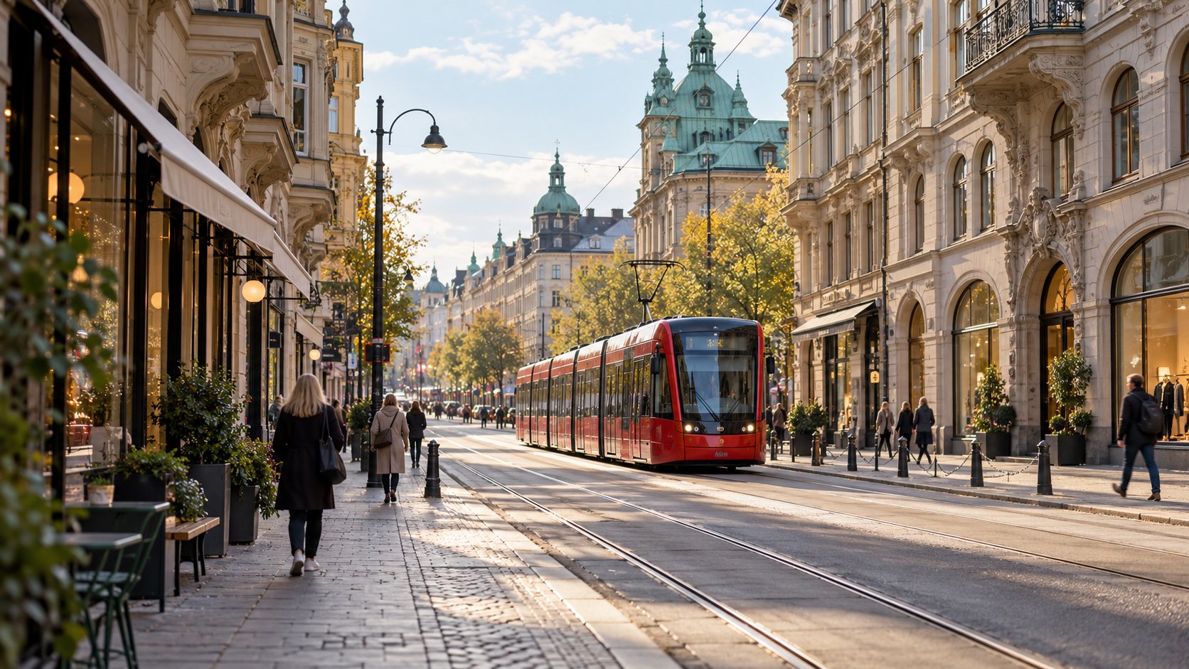 AI-genererad redaktionell bild av en svensk spårvagnsgata; inte ett dokumentärt foto